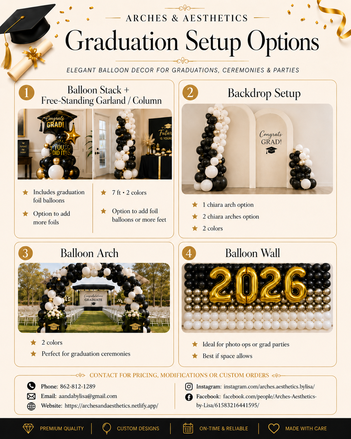 Graduation setup options by Arches & Aesthetics including balloon stacks, garlands, Chiara arch backdrops, balloon arches, and balloon walls